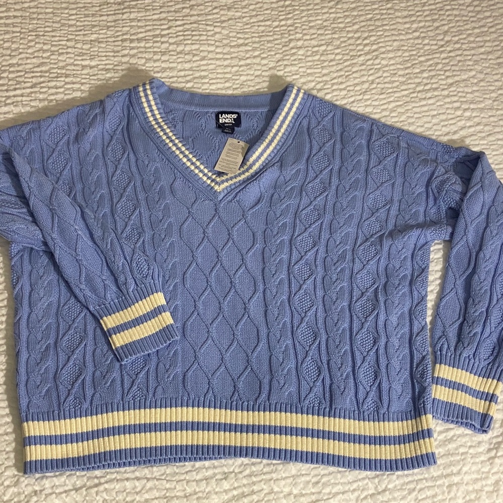Lands' End Women's “Drifter” Light Blue V-Neck 100% Cotton Sweater NWT